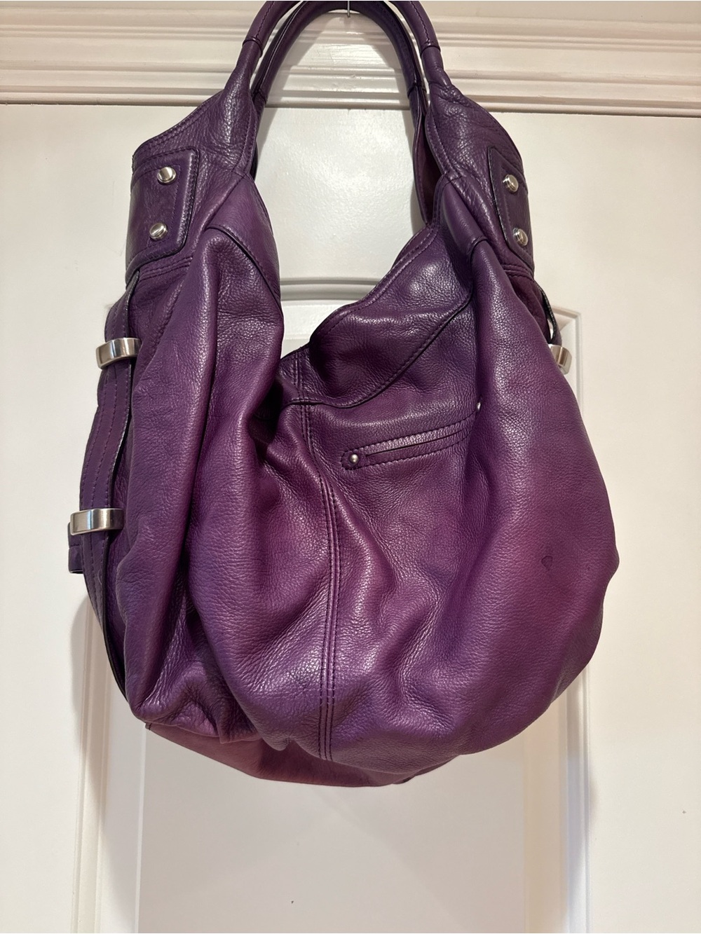 B. Makowsky Purple Pebbled Leather Hobo Bag Leopard Print Lining Y2K - Picture 6 of 9